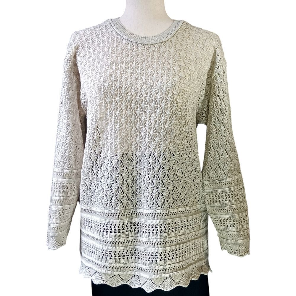 VINTAGE Pointelle Open Knit Sweater Scalloped Cottagecore Cotton Ivory Size L